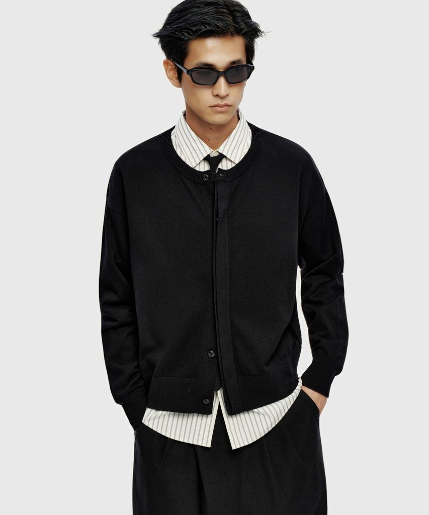 YOUTH Hidden Button Round Neck Cardigan - Black