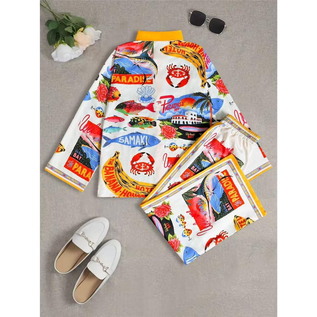 Женские комплекты в стиле отпуска, круизная одежда, морской тропический принт, рубашка, брюки, комплект из 2 предметов