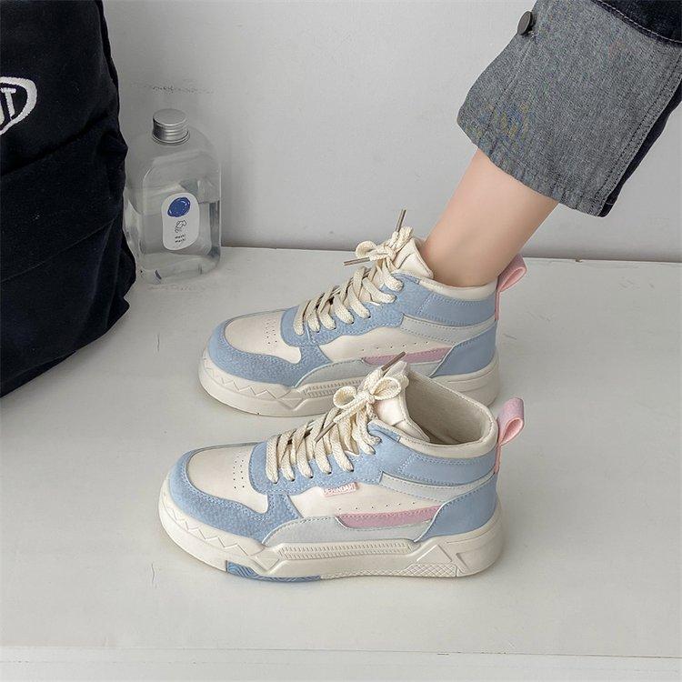 2024 spring new muffin thick-soled round head lace-up single shoes women's high-top sports board shoes fashion casual shoes women