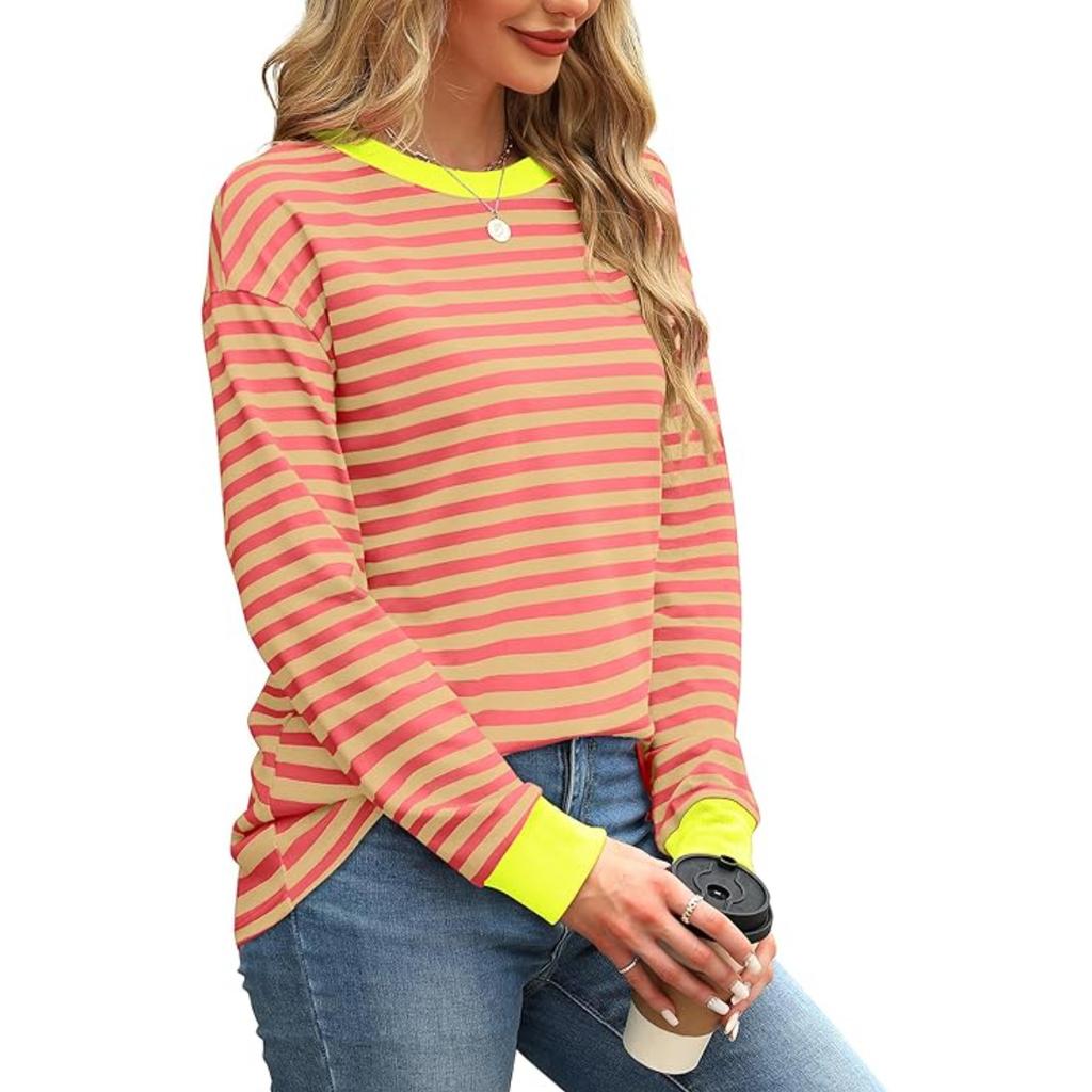Женская нижняя рубашка осень-зима новая мода контрастного цвета свободный круглый вырез полосатый топ с длинными рукавами