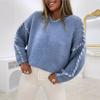 Women's Light Blue Relaxed Fit Knit Sweater, Drop Shoulder Ribbed Cuff Top