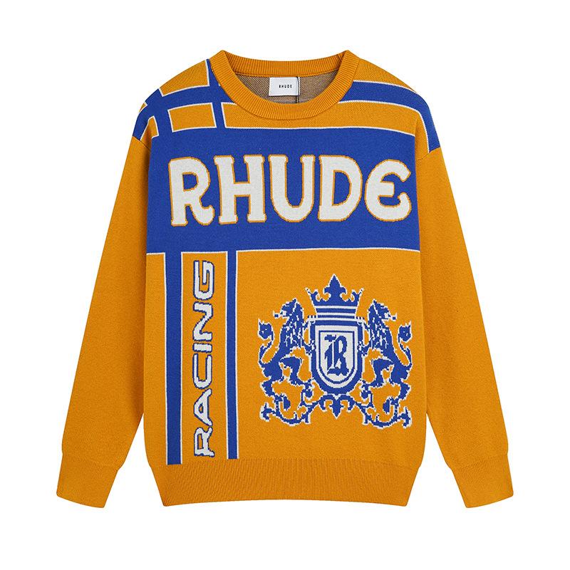 Трансграничный европейский и американский модный бренд RHUDE джемпер с круглым вырезом и жаккардовым узором в виде букв, вязаный свитер для мужчин и женщин, стиль high street