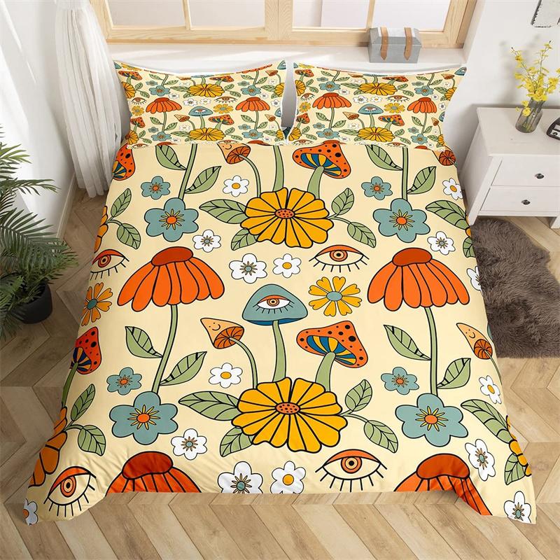 Retro 70s Hippie Style Duvet Cover Queen Microfiber Psychedelic Mushroom Bedding Set Room Decor Gifts Rainbow Floral Quilt Cover
