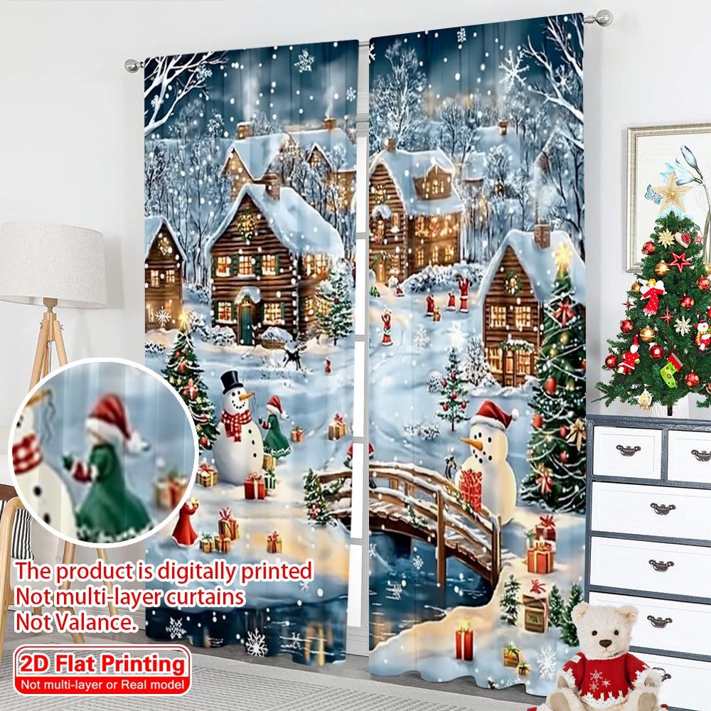 2D Flat Printing 2pcs Christmas Drapes Snowmen and Trees6 Machine Washable Fabric Without Electricity Spring Party & Holiday