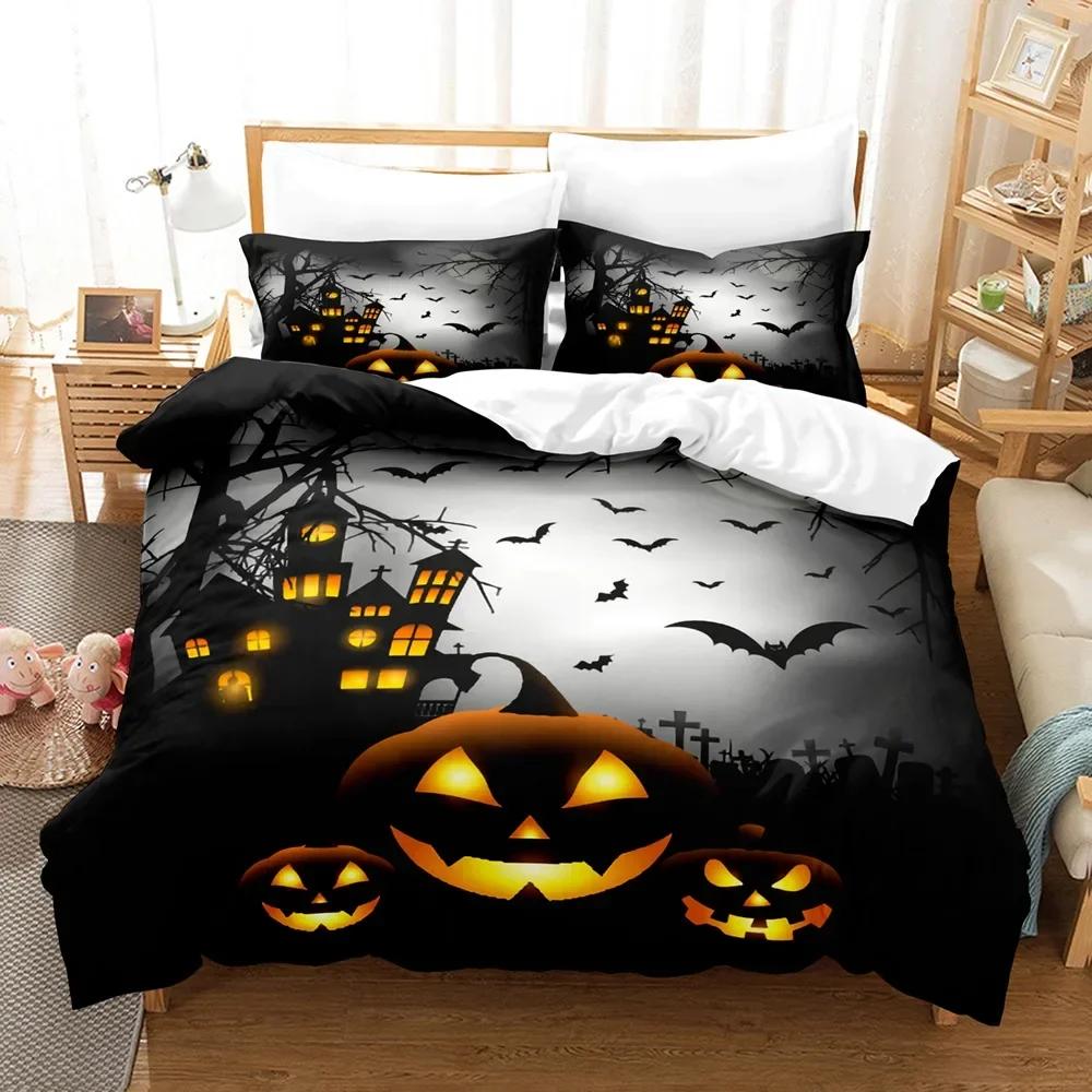 Halloween Cartoon Pumpkin Lantern Castle Bat Comfortable Duvet Quilt Cover Pillowcase Bedding Set Children Bedroom Decoration