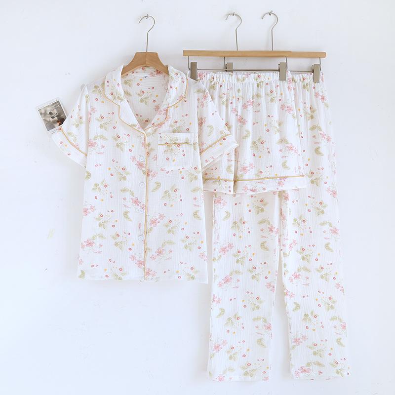 2026 Новый весенне-летний женский комплект пижамы 100% хлопковый креп Короткий рукав+Шорты+Брюки 3-piece Тонкий кардиган Домашняя одежда Женская