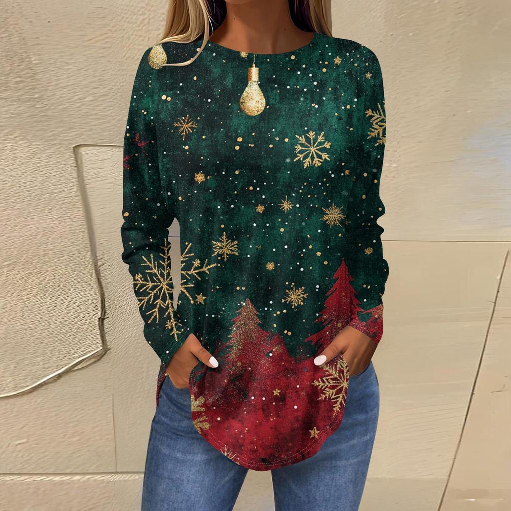 Женская свободная футболка с круглым вырезом и длинными рукавами с принтом в стиле ретро, пуловер на Рождество
