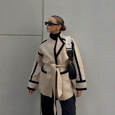 VAYLA Женское короткое пальто с поясами в полоску, модное, контрастного цвета, новая куртка, женское, шикарное, элегантное, с высокой талией, женская верхняя одежда
