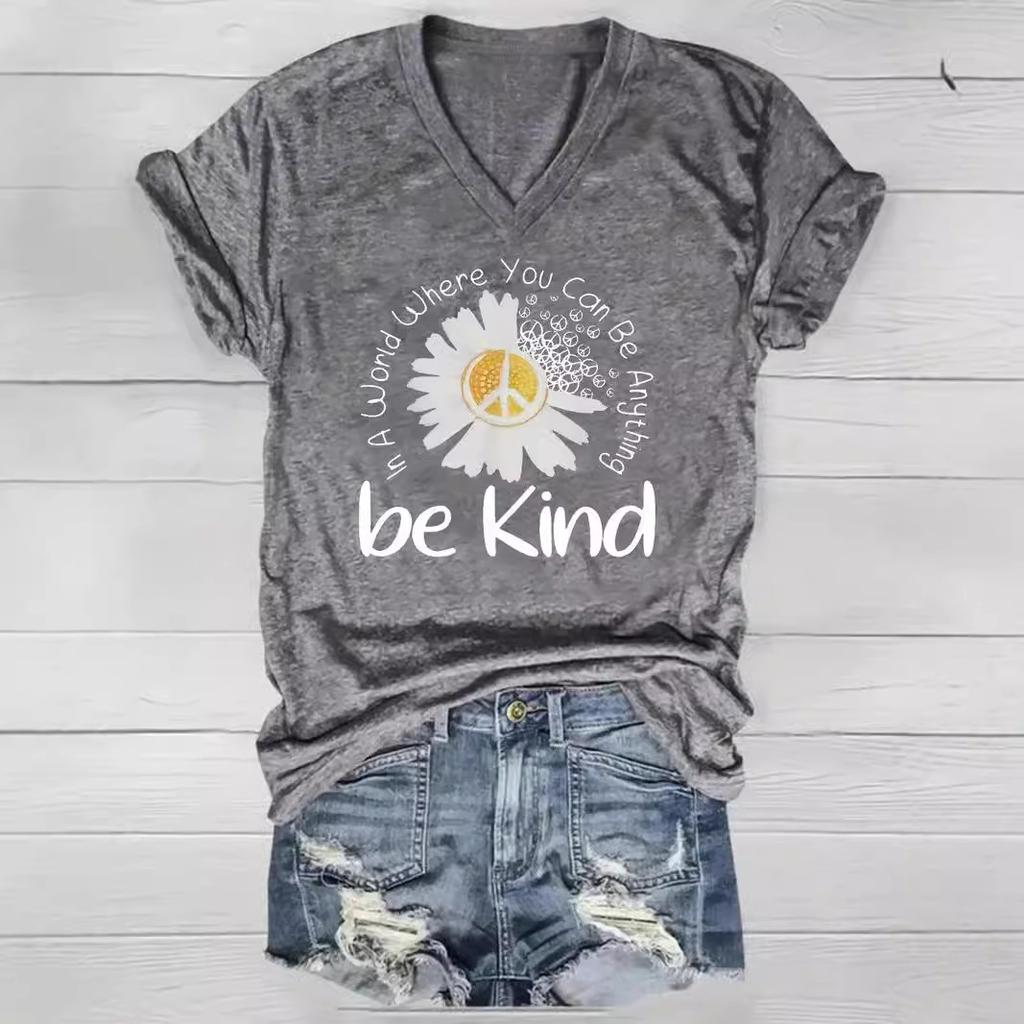 Летний топ с V-образным вырезом, принтом с 3D-цветочным узором, модная повседневная женская футболка с коротким рукавом