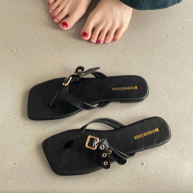 Fashion Casual Flat Women's Summer Flip-Flops 2025 New Comfortable Retro Sandals Square Toe Buckle Indoor Outside Wear Slippers Shoes