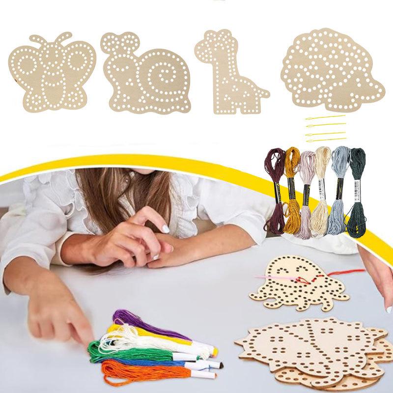 14Pcs/set Wooden Lacing Sewing Kits Wooden Handmade Embroidery DIY Sewing Kit Handmade Children Craft