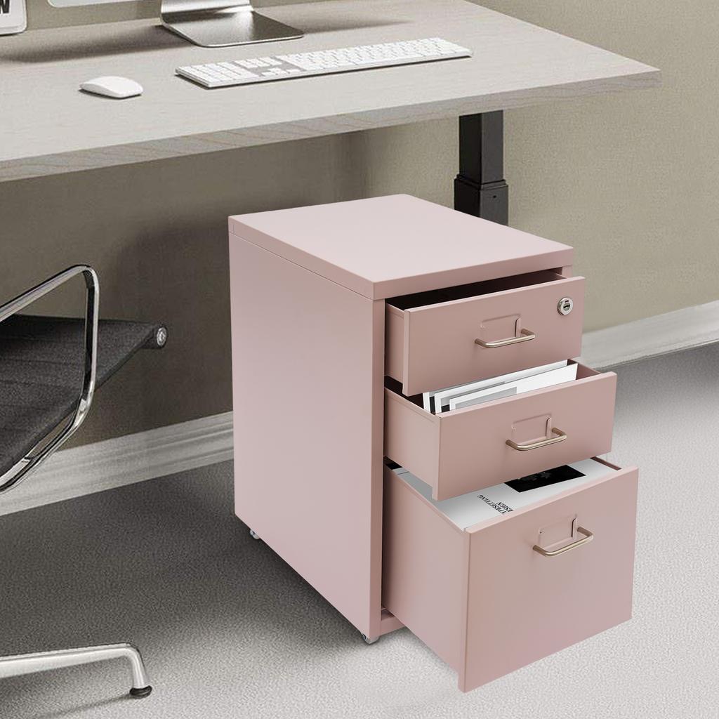 Pink 3-Tier Metal File Cabinet with Wheels - Rolling Storage Cabinet for Office & Home - Locking File Organizer with 3 Drawers