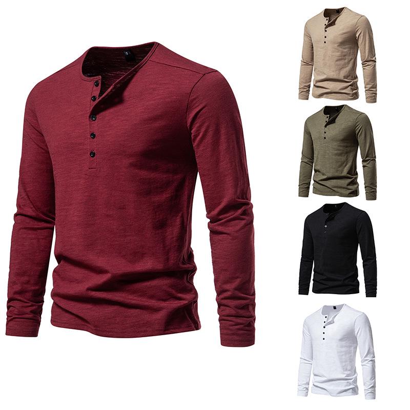 2023 Autumn Men's Five-Button Solid Color Long-Sleeve Casual T-Shirt