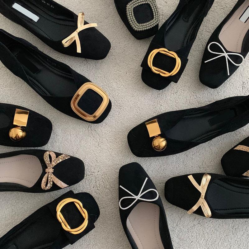 Fashion Flat Shoes Women's Spring Autumn New 2025 French Square Toe Bow Casual All-match Black Pumps Mules Ladies Shoes Plus Size 43 44
