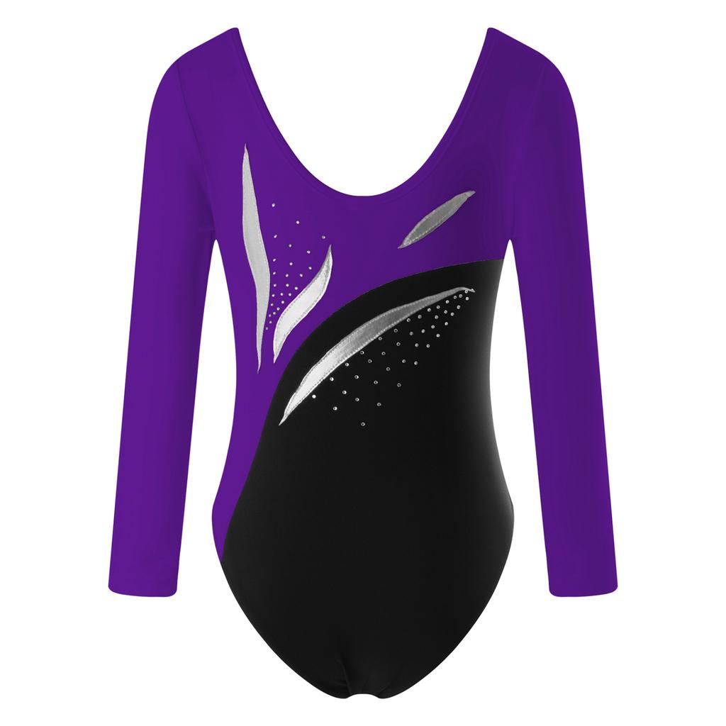 Kids Girls Stylish Clothing Long Sleeve Round Neckline Shiny Rhinestone Decorated Slim Fit Dance Leotards