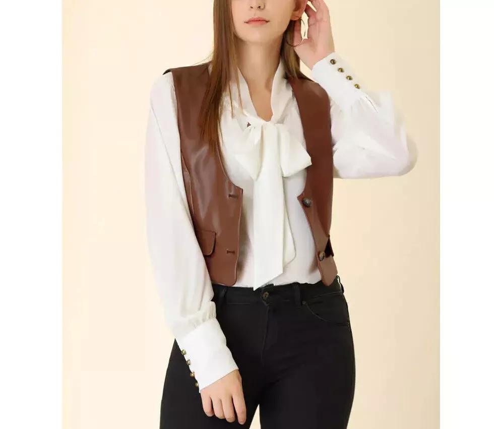 Западный Женский Вечерний Коричневый Кожаный Стильный Жилет Пальто Жилет из Овчины на Пуговицах