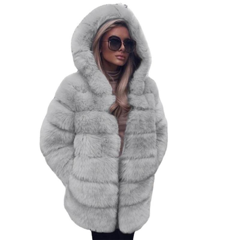 Women's Pink Faux Fur Hooded Puffer Coat Warm Mid-Length Winter Jacket Office Lady