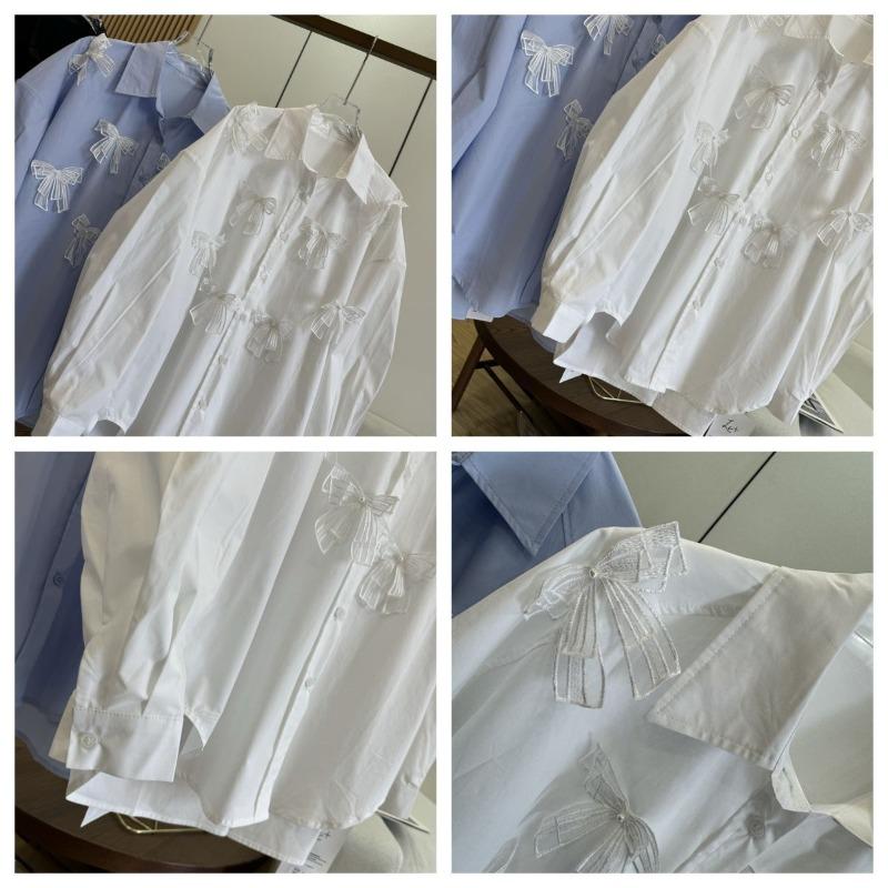 Women's 3D Lace Bow Shirts Solid Color Turn-down-collar Long Sleeved Spring Tops Loose Single Breasted Casual Blouses