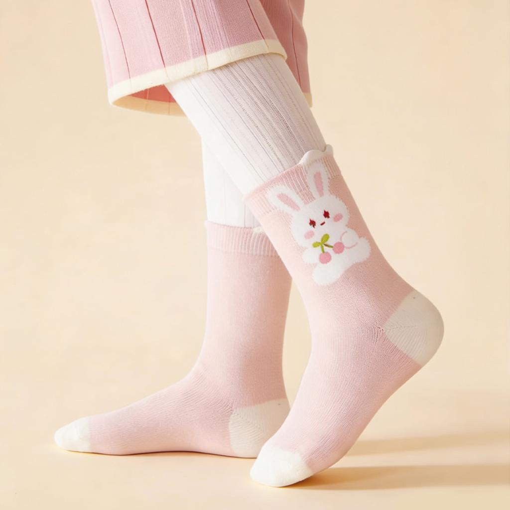 5 Pairs Kids Cotton Socks Cute Rabbit Pattern Mid Tube Warm Socks For Girls Baby Toddler 1-8 Years Spring Autumn Wear