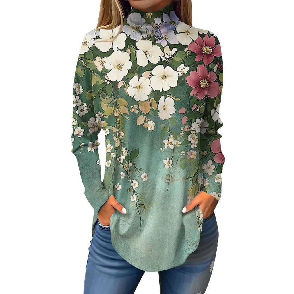 Women's Fashionable Casual High Neck Printed Long Sleeve T-Shirt Pullover Top