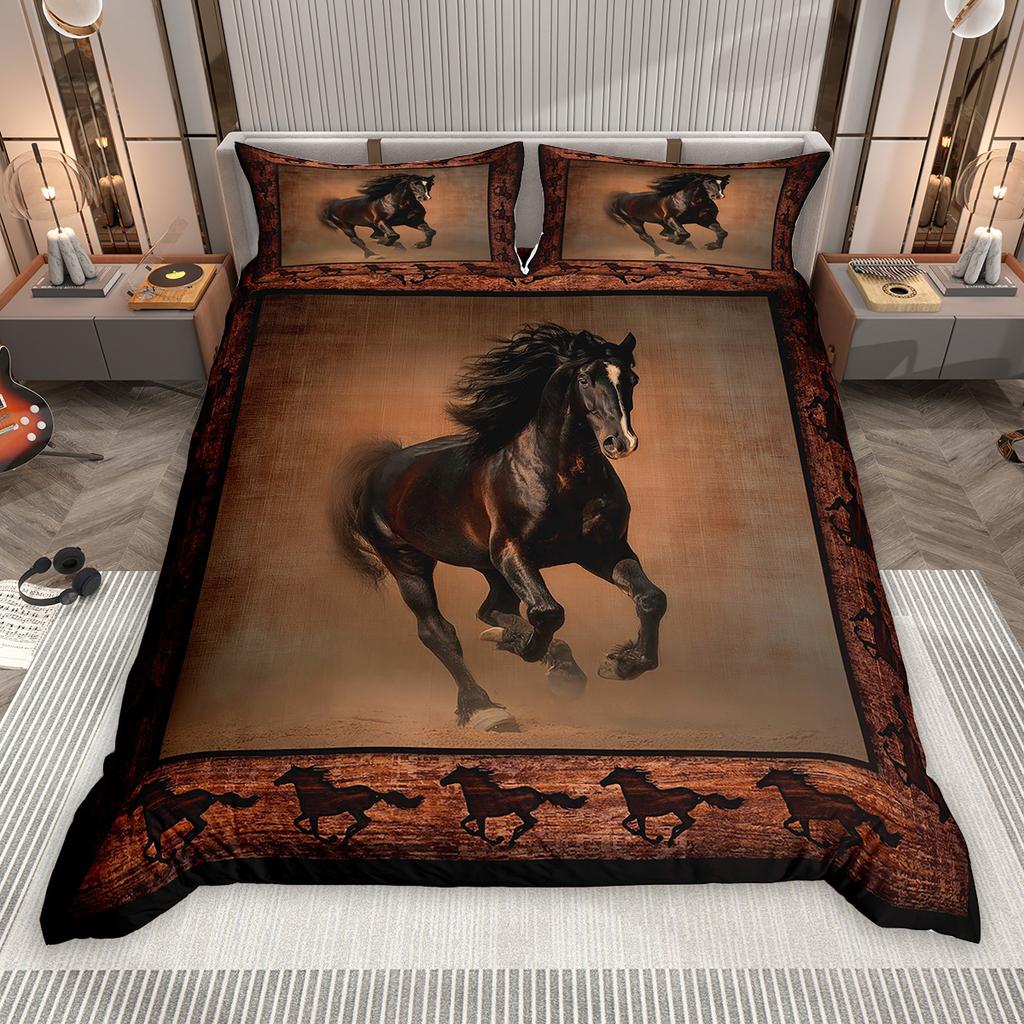 Homewish Galloping Horse Duvet Cover Set 2pcs/3pcs, Farmhouse Animal Bedding Set, Rustic Lodge Cabin Comforter Cover Set