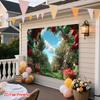 2D Apple Orchard Background Cloth, Sunny Red Apple Trees with Baskets & Ladder Party Backdrop