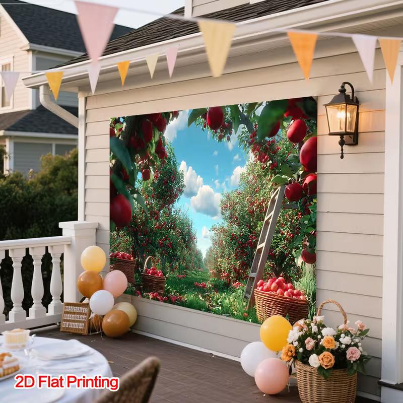 2D Apple Orchard Background Cloth, Sunny Red Apple Trees with Baskets & Ladder Party Backdrop