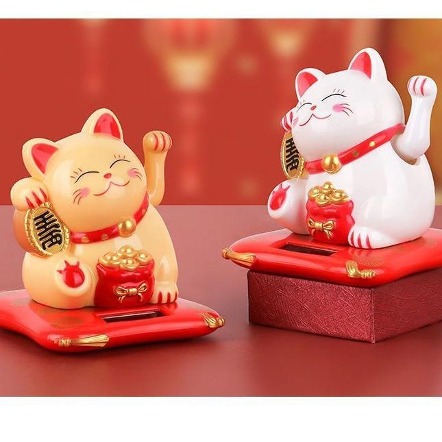 Lucky Beckoning Cat Solar Powered Waving Wealth Good Fortune Awaits Solar-Powered Ornaments For Home, Office