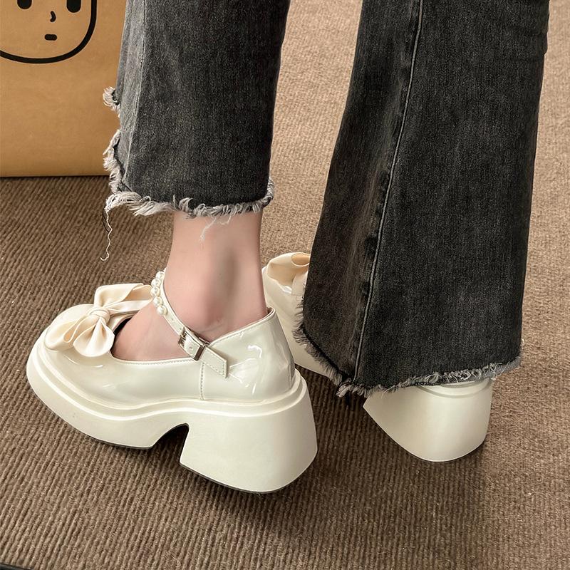 Французские туфли Мэри Джейн из кожи, женские весенние туфли на платформе с бантом и юбкой, толстый каблук, одинарные туфли на высоком каблуке