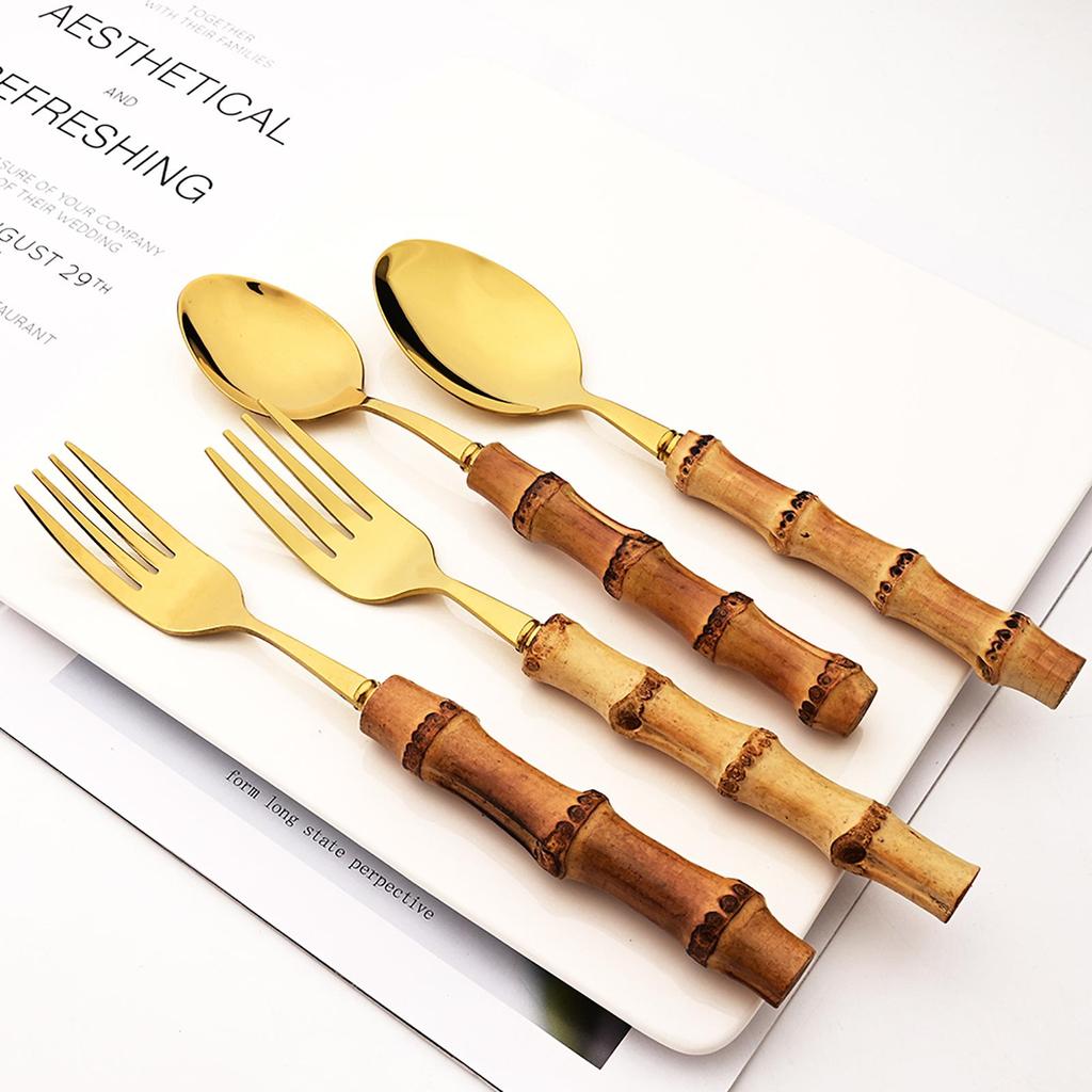 Роскошный набор столовых приборов из бамбука из 24 предметов - прочная серебристая посуда из нержавеющей стали с держателем для столовых приборов, зеркальная полировка