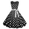 Summer Vintage Lace Crew Neck Sleeveless Splicing Polka Dot Dress Big Swing Skirt Black Lace Up Waist