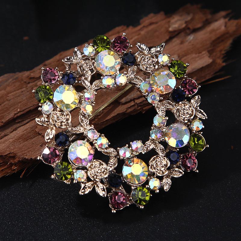 Luxury Vintage Crystal Color Gemstone Ribbon Flower Alloy Brooch Pin Corsage Accessories Brooch