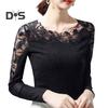 Женские топы с круглым вырезом и длинным рукавом, сетчатые кружевные вышитые пуловеры, однотонные облегающие блузки на каждый день