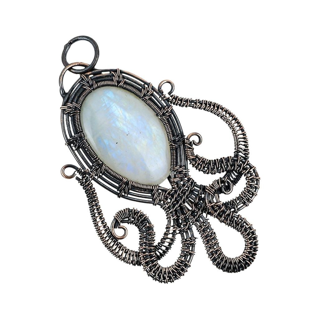 Кулон из лунного камня, обернутый медной проволокой 999 пробы, кулон из драгоценного камня ручной работы, подарок для мамы, антикварное украшение