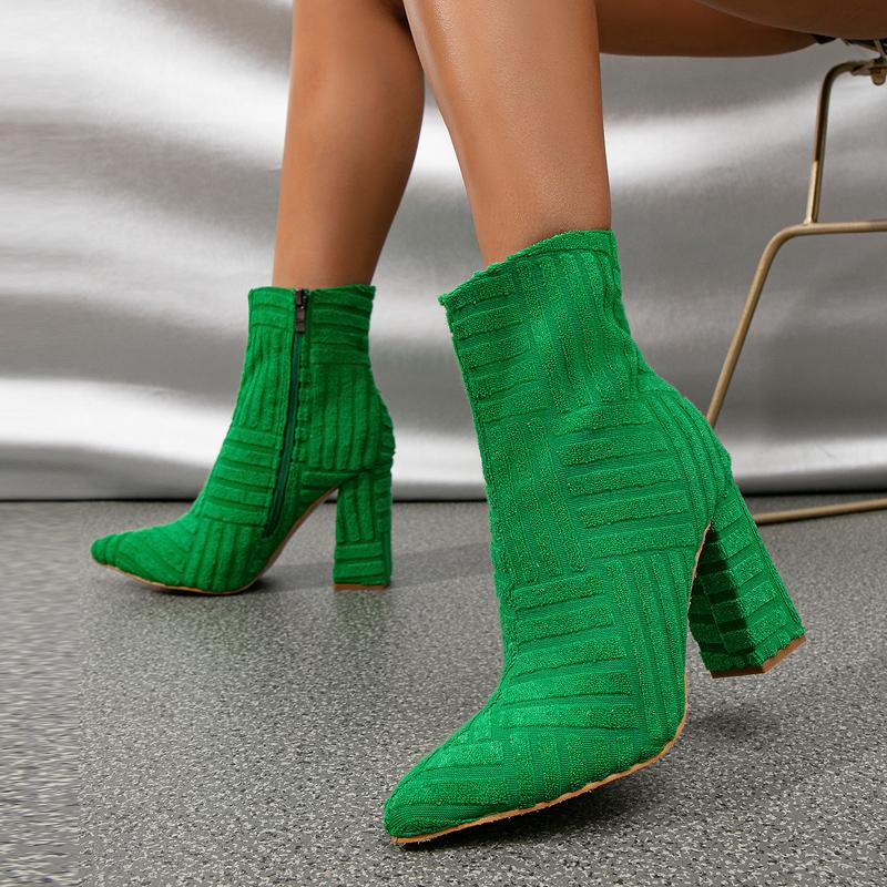 Ботильоны Chelsea женские 2024 новые осенне-зимние вельветовые сексуальные остроносые зеленые туфли на высоком каблуке модные женские туфли на молнии туфли-лодочки Botas