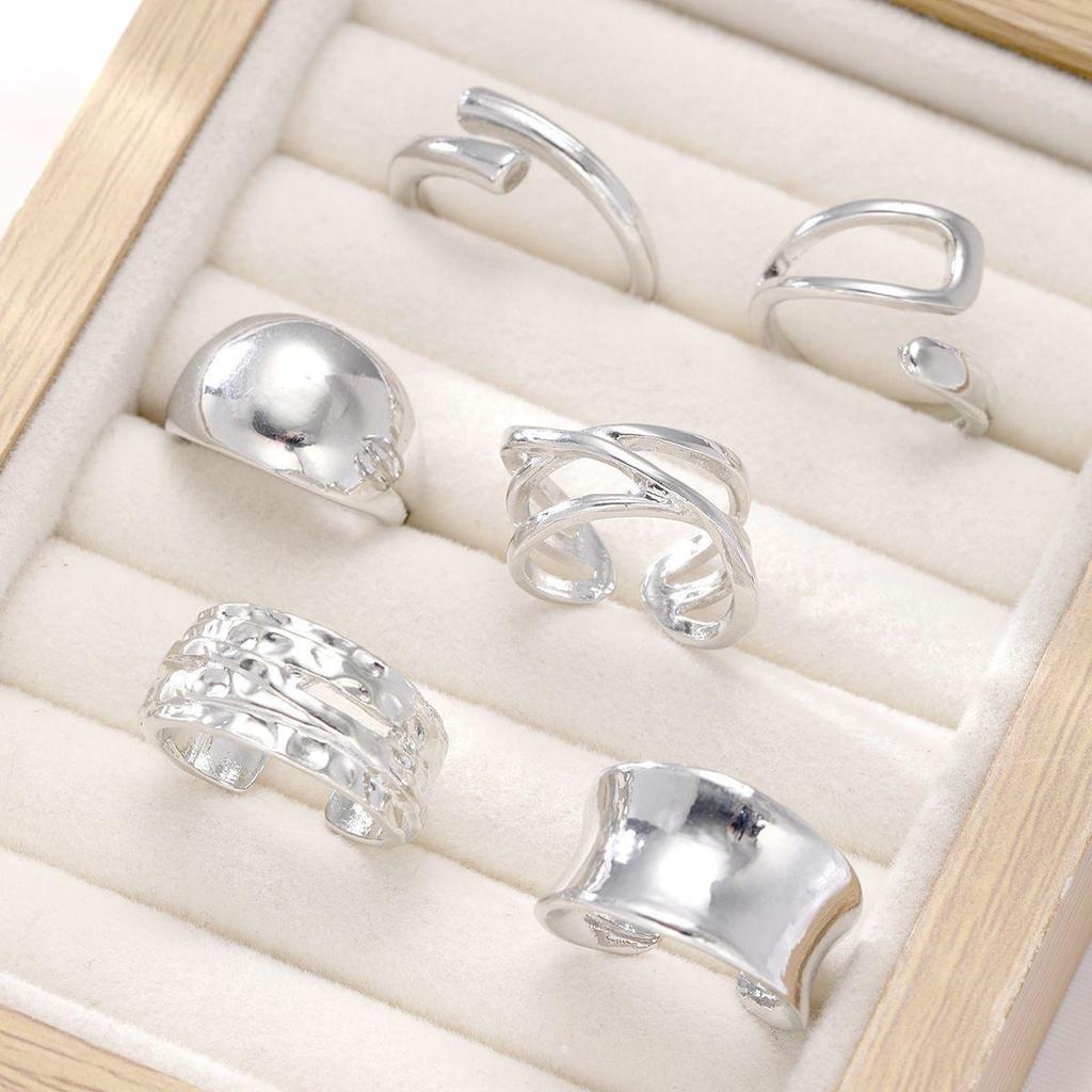 European & American Metal Texture Ring Set: Smooth, Exaggerated Geometric Open Rings for Women