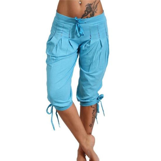Плюс размер повседневные женские однотонные плиссированные брюки-капри с блестками и завязками