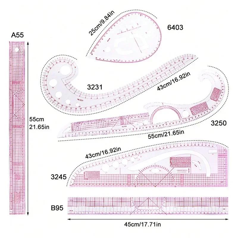 6pcs/set French Curve Ruler Durable Plastic French Metric Ruler Measure Dressmaking Drawing Template Craft DIY Sewing Tools