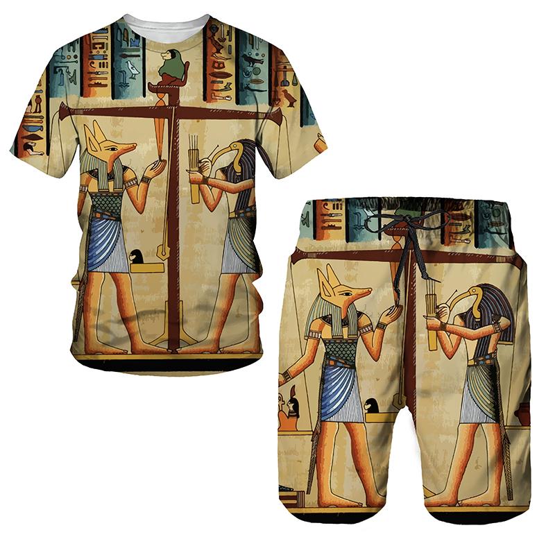 Летний мужской комплект футболок, модные шорты с коротким рукавом, комплект из 2 предметов, спортивный костюм большого размера, повседневный красивый уличный костюм в египетском стиле