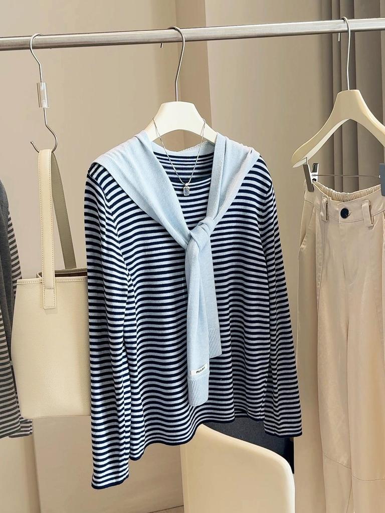 Autumn 2025 Women's Japanese-Korean Color Block Striped Knit Cardigan Two-Piece Set