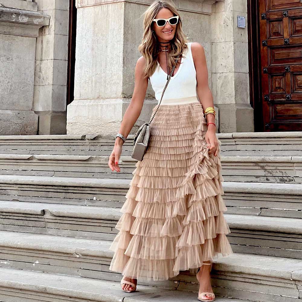 Повседневное женское однотонное бальное платье, длинная юбка из тюля с высокой талией, плиссированные элегантные женские сетчатые макси-юбки для свиданий