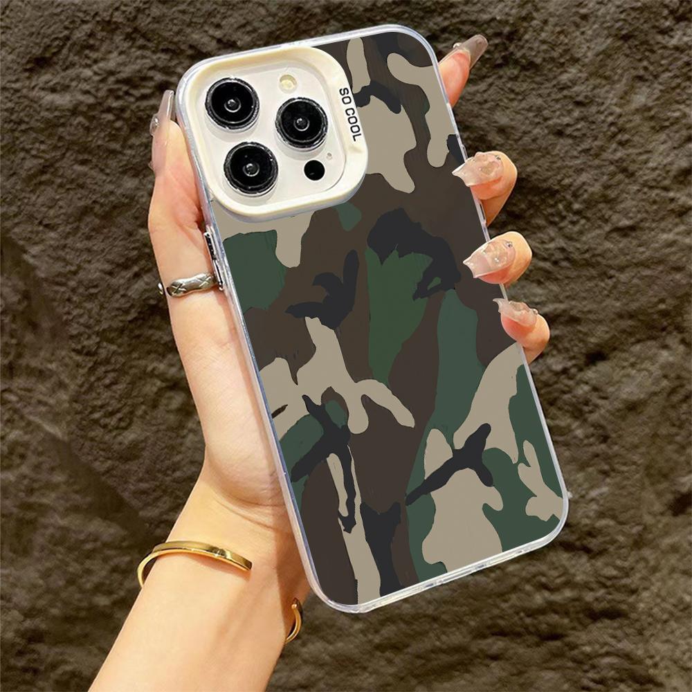 Чехол для телефона с камуфляжным принтом для iPhone 13 14 11 12 15 16 Pro Max Plus X XR XS Mini Цветной Серебристый Защитный IMD Жесткий Чехол