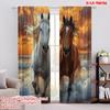 2D Flat Printing 2pcs 2D Flat Printing Scene Curtain White and Brown Horses Running On the Beach At Sunset Versatile Polyester