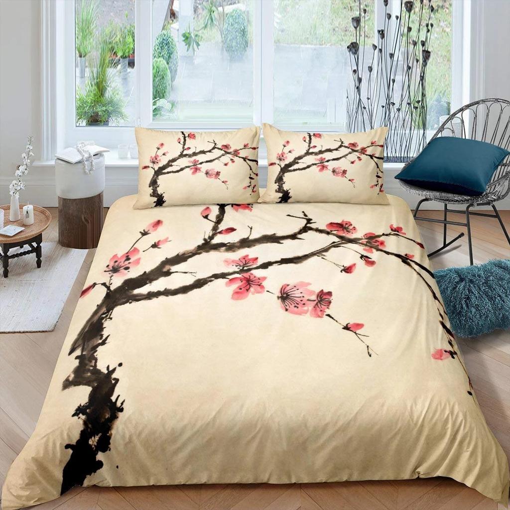 Plum Blossom Duvet Cover Set Red Flower Floral Comforter Cover For Girls Teens Microfiber Butterfly Branches Printed Bedding Set