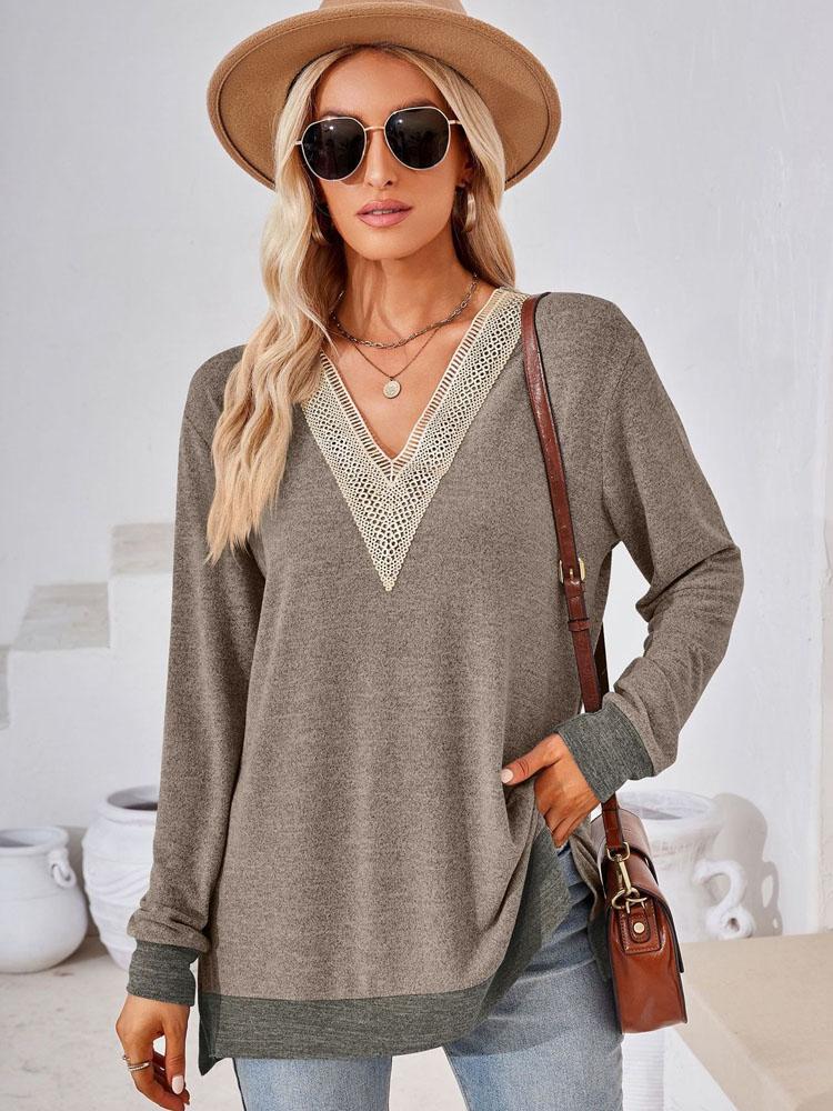 Элегантная и классическая универсальная и удобная осенне-зимняя свободная однотонная футболка с V-образным вырезом и кружевом, женская футболка с длинным рукавом