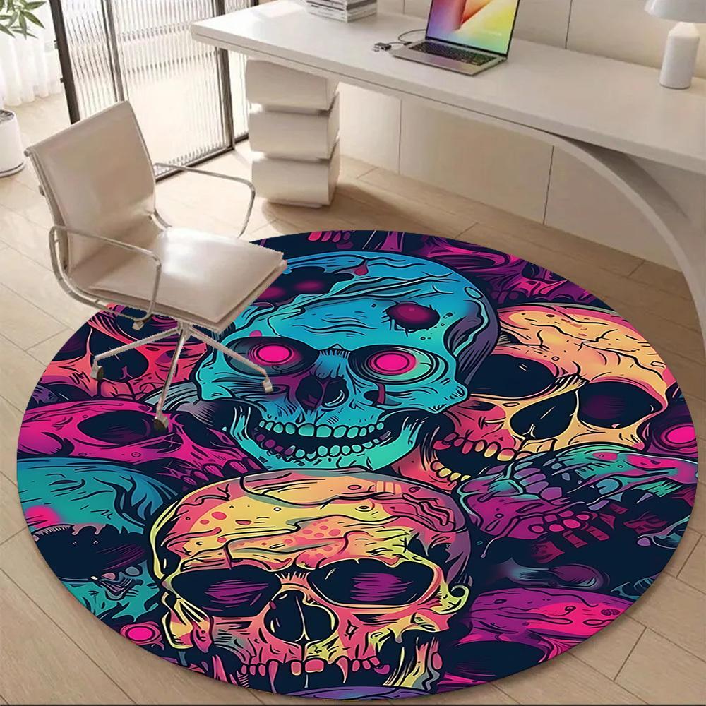 1PC Skull Vibrant Office Round Area Rug, Mat Suitable For Office, Under Office Chairs Bedroom Living Room Home Decor, Room Deco