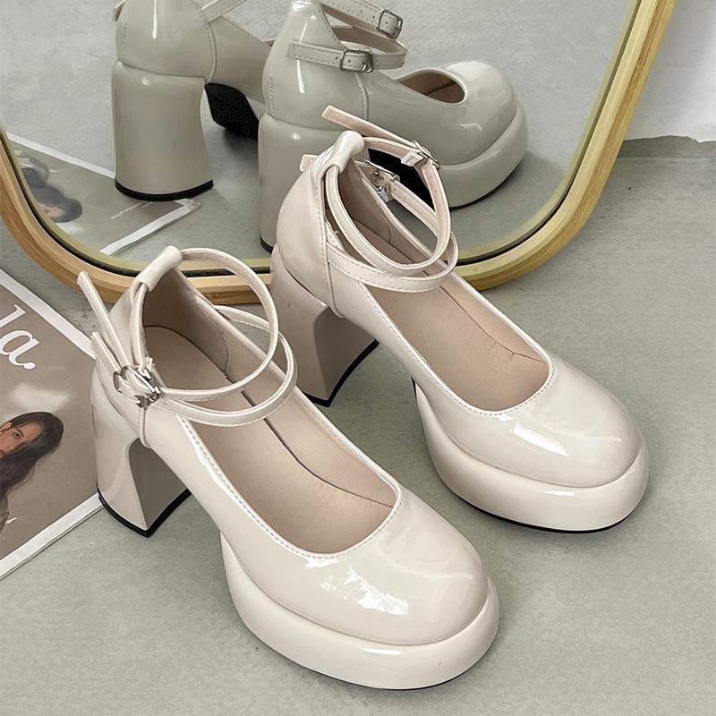 Весенняя женская обувь FiveFive, модные туфли-лодочки Мэри Джейн на массивном каблуке с круглым носком, белые сексуальные туфли на высоком каблуке с ремешком на щиколотке
