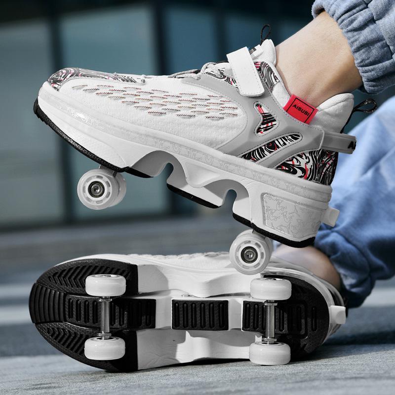 Retractable Four-Wheeled Running Shoes: High-Elastic, Breathable Mesh Roller Skates for Men and Women.