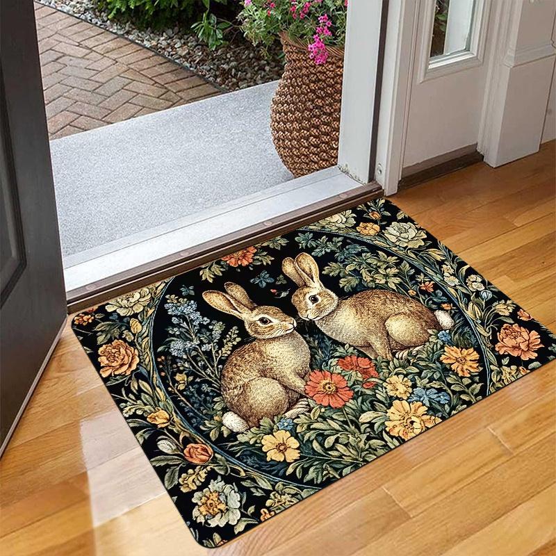 VIKAMA Vintage Floral Rabbit Doormat Indoor/Outdoor Area Rug Soft Non-Slip Living Room & Balcony Mat Home Decor