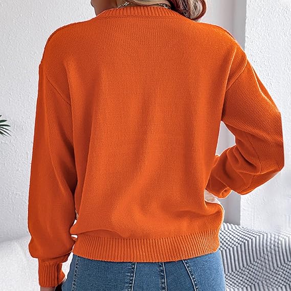 Womens Knit Jumper V-Neck Long Sleeve Color Block Pullovers Sweaters Button Chunky Cable Knitted Sweatshirt